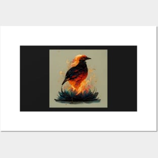 Flame burning bird standing on a blue fire lotus Posters and Art